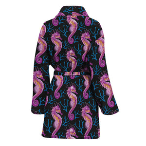 Purple Seahorse Pattern Print Women's Bathrobe