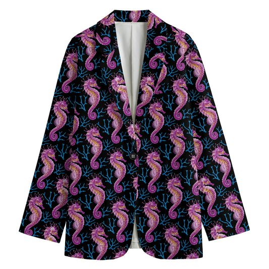 Purple Seahorse Pattern Print Women's Blazer
