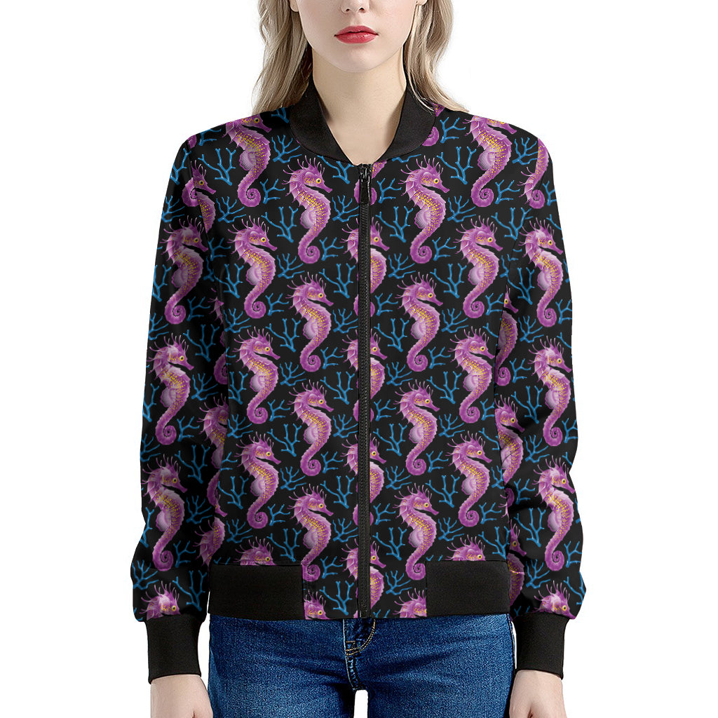 Purple Seahorse Pattern Print Women's Bomber Jacket