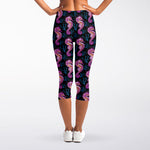 Purple Seahorse Pattern Print Women's Capri Leggings