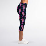 Purple Seahorse Pattern Print Women's Capri Leggings