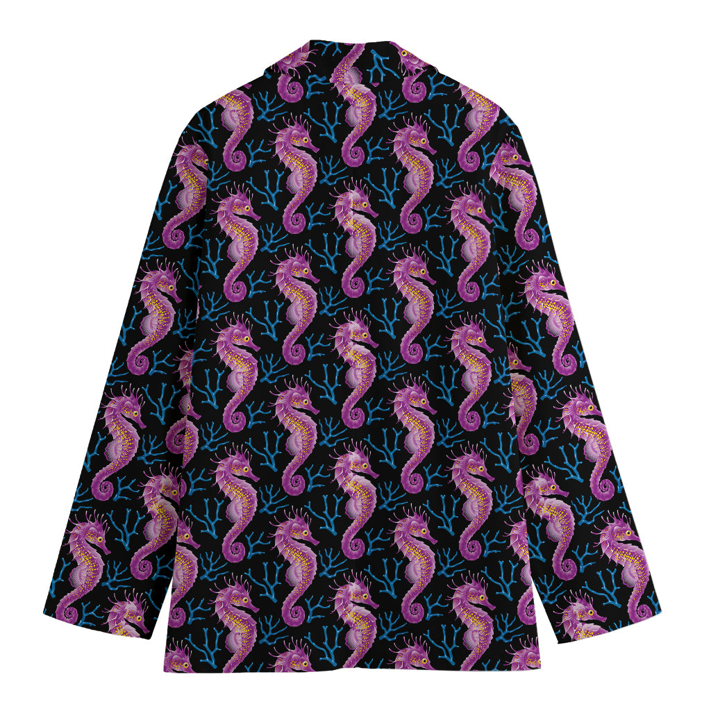 Purple Seahorse Pattern Print Women's Cotton Blazer