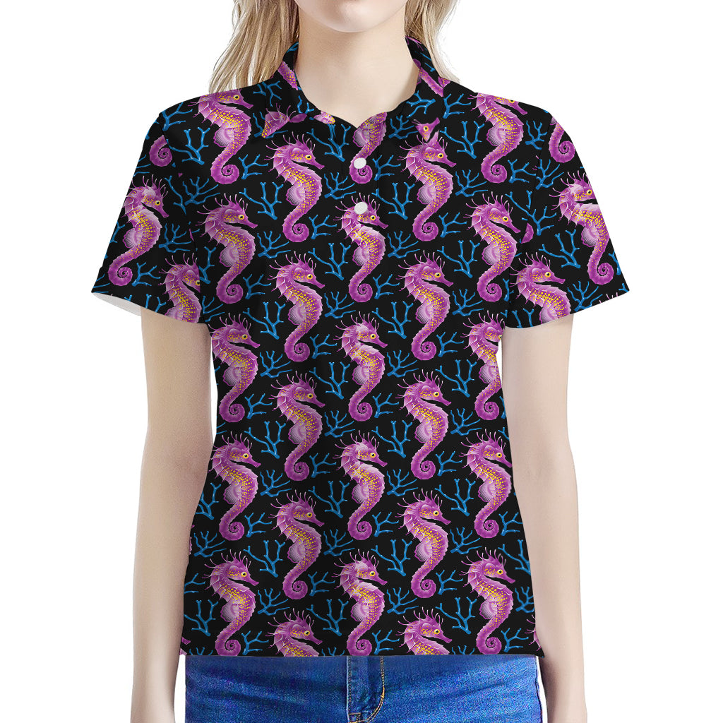 Purple Seahorse Pattern Print Women's Polo Shirt