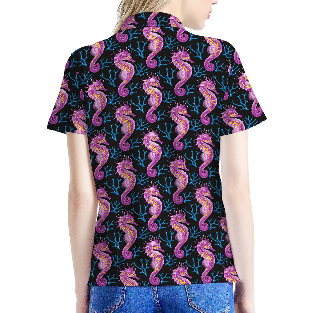 Purple Seahorse Pattern Print Women's Polo Shirt