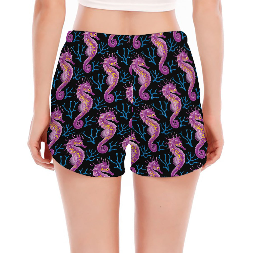Purple Seahorse Pattern Print Women's Split Running Shorts