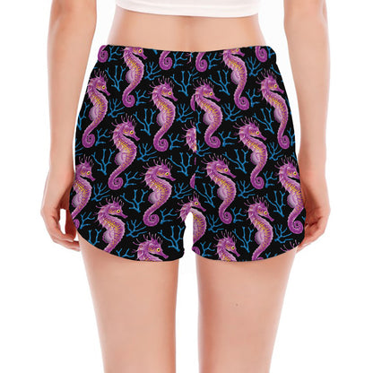 Purple Seahorse Pattern Print Women's Split Running Shorts
