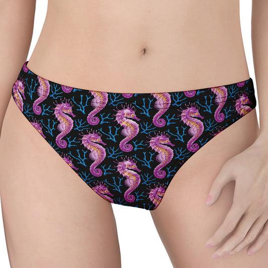 Purple Seahorse Pattern Print Women's Thong