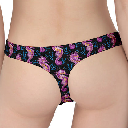 Purple Seahorse Pattern Print Women's Thong