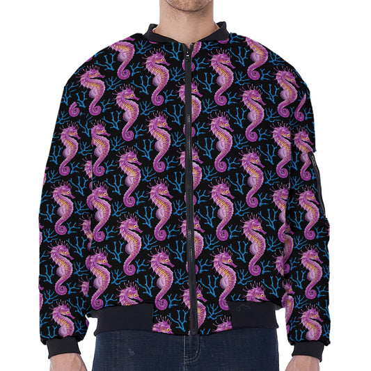 Purple Seahorse Pattern Print Zip Sleeve Bomber Jacket