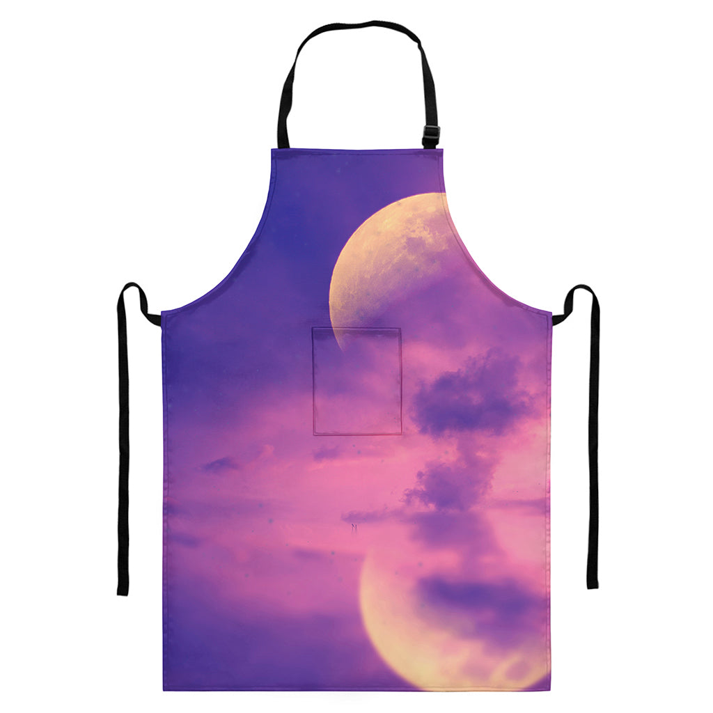 Purple Sky And Full Moon Print Bib Apron With Pocket