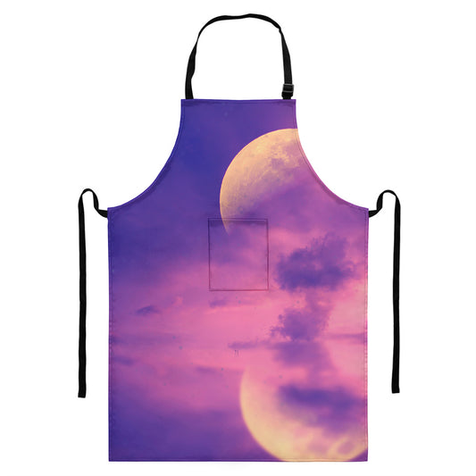 Purple Sky And Full Moon Print Bib Apron With Pocket