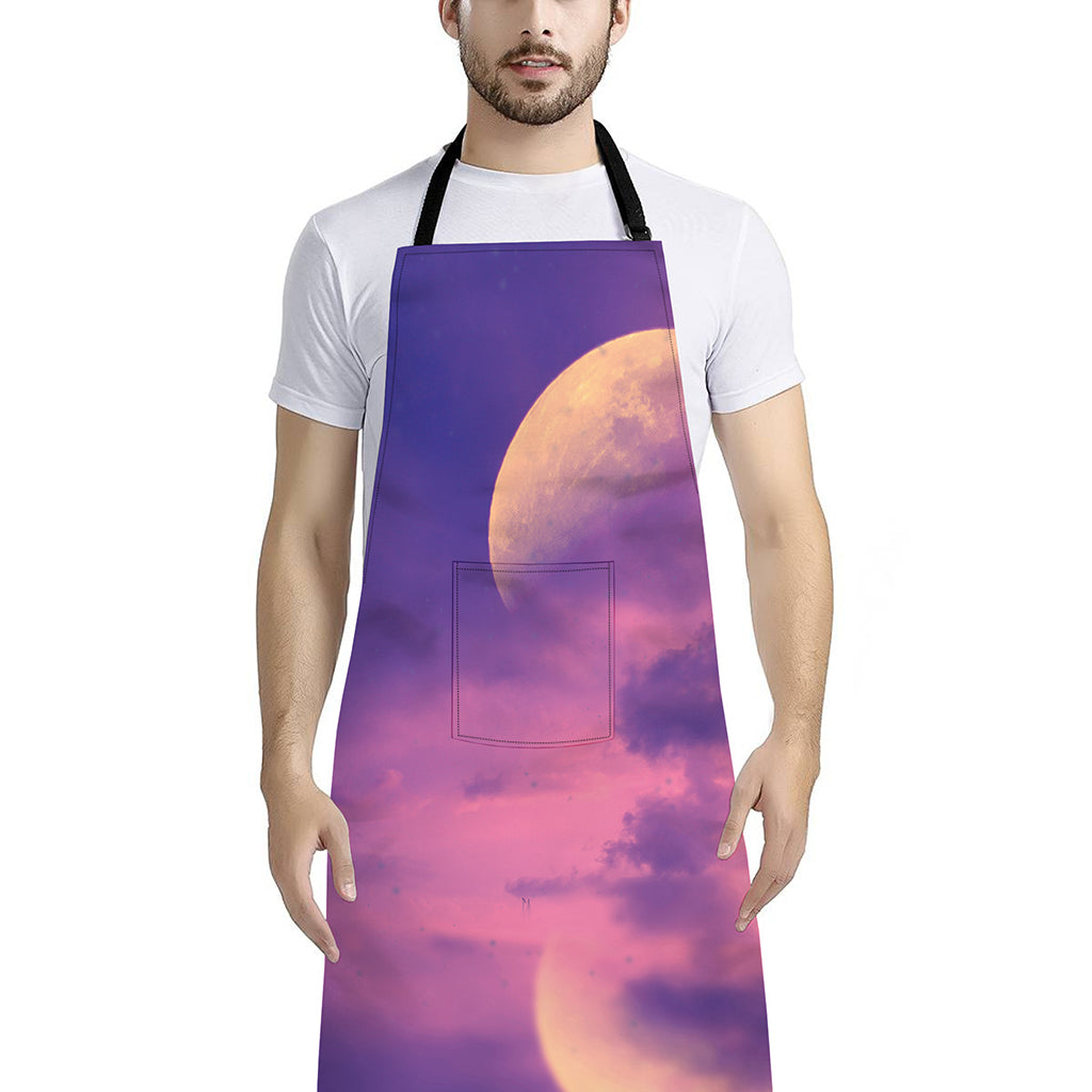 Purple Sky And Full Moon Print Bib Apron With Pocket