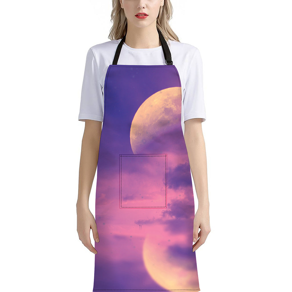 Purple Sky And Full Moon Print Bib Apron With Pocket