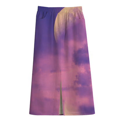Purple Sky And Full Moon Print Cotton Front Slit Maxi Skirt