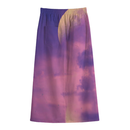 Purple Sky And Full Moon Print Cotton Front Slit Maxi Skirt