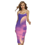 Purple Sky And Full Moon Print Cross Back Cami Dress
