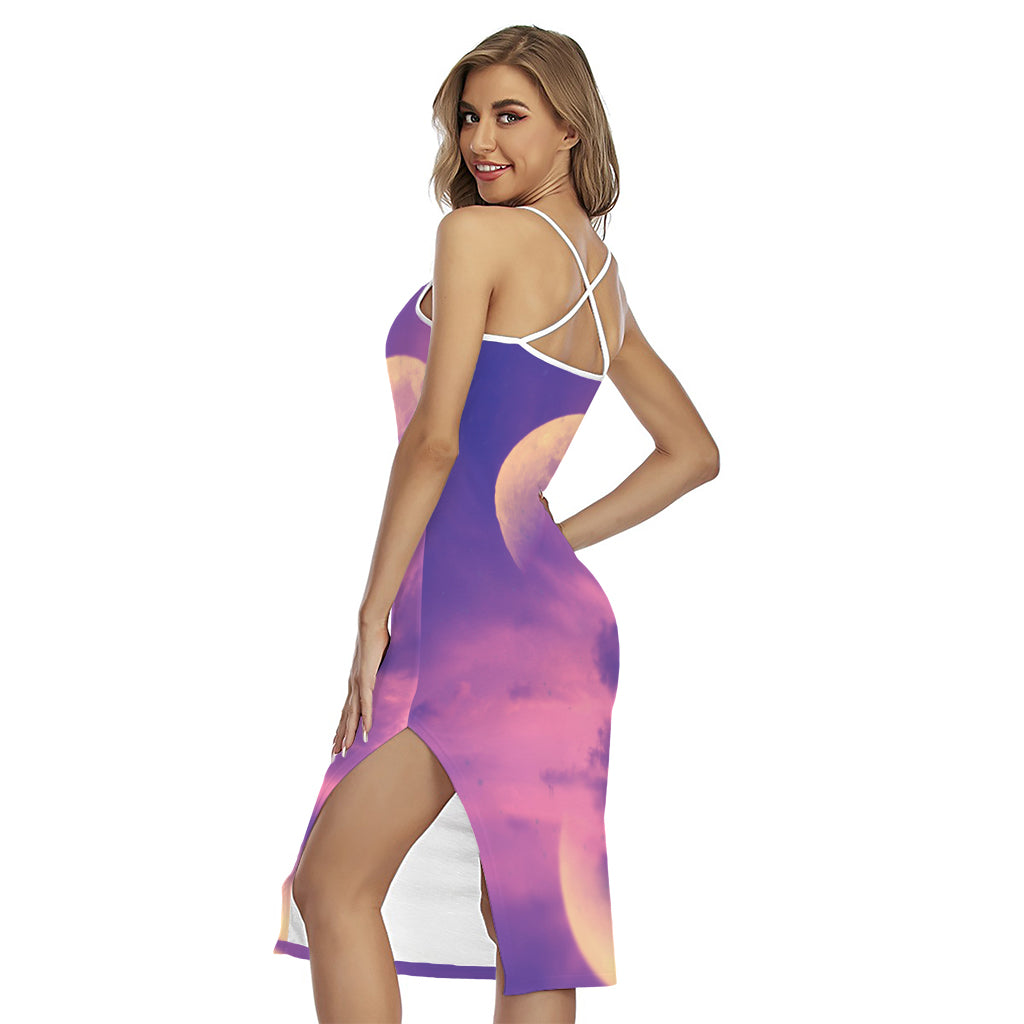 Purple Sky And Full Moon Print Cross Back Cami Dress