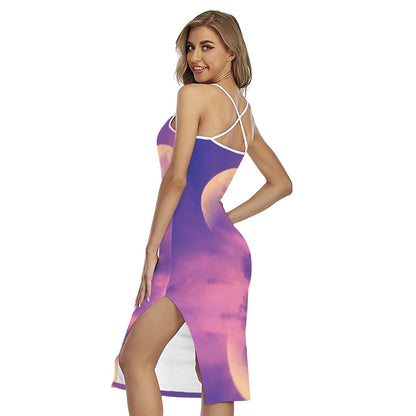 Purple Sky And Full Moon Print Cross Back Cami Dress