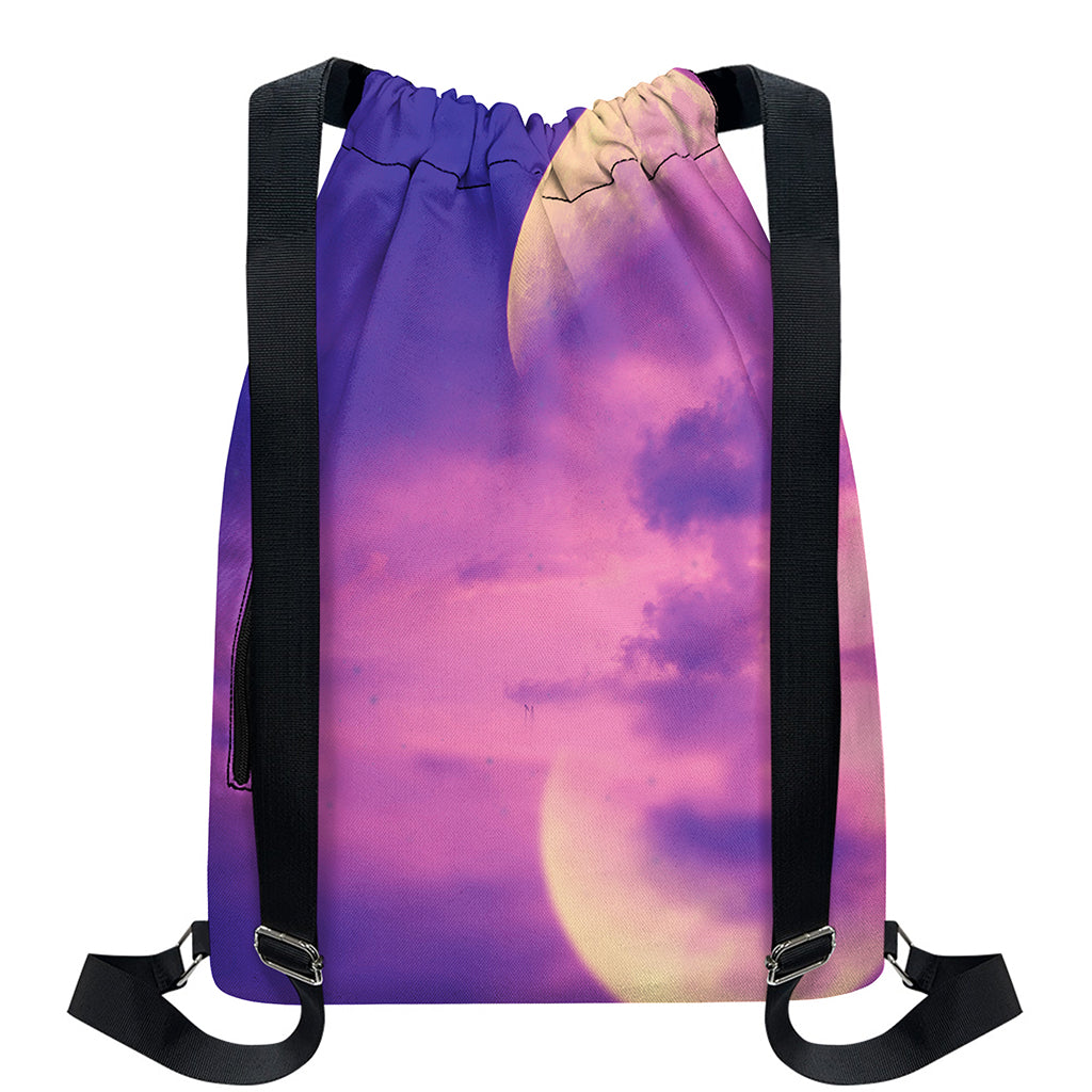 Purple Sky And Full Moon Print Drawstring Backpack
