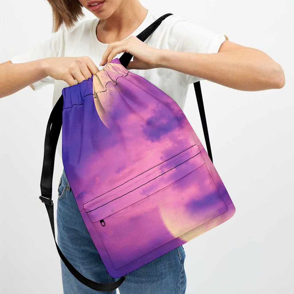 Purple Sky And Full Moon Print Drawstring Backpack