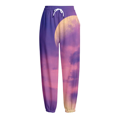 Purple Sky And Full Moon Print Fleece Lined Knit Pants
