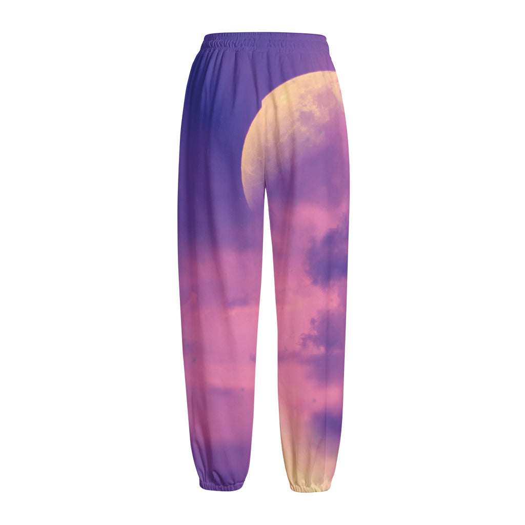 Purple Sky And Full Moon Print Fleece Lined Knit Pants