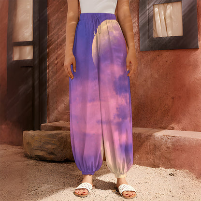 Purple Sky And Full Moon Print Harem Pants