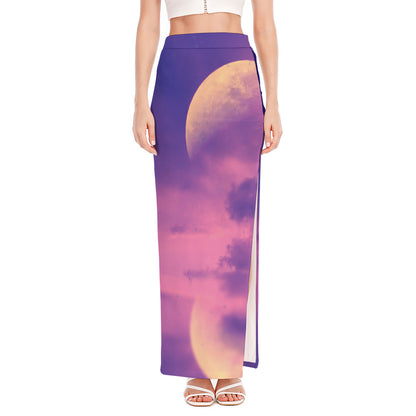 Purple Sky And Full Moon Print High Slit Maxi Skirt