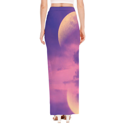 Purple Sky And Full Moon Print High Slit Maxi Skirt