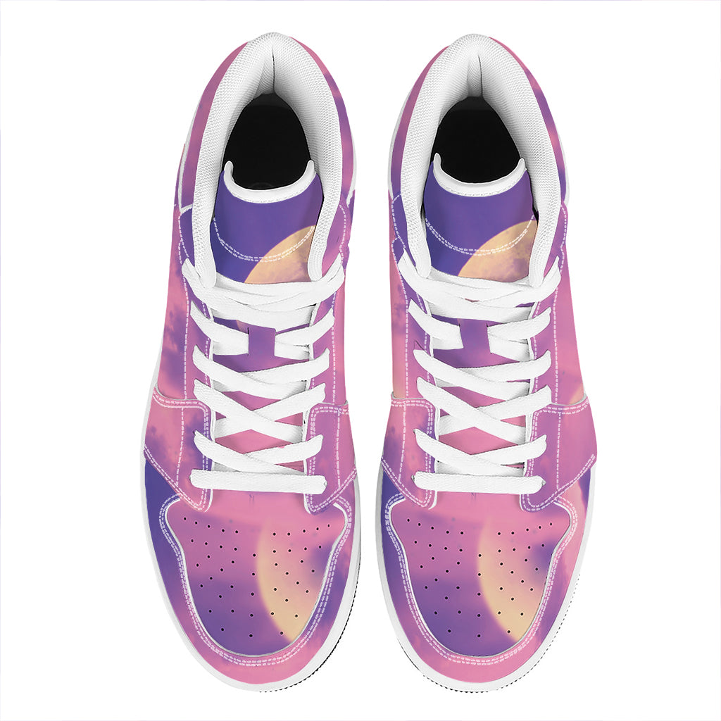 Purple Sky And Full Moon Print High Top Leather Sneakers