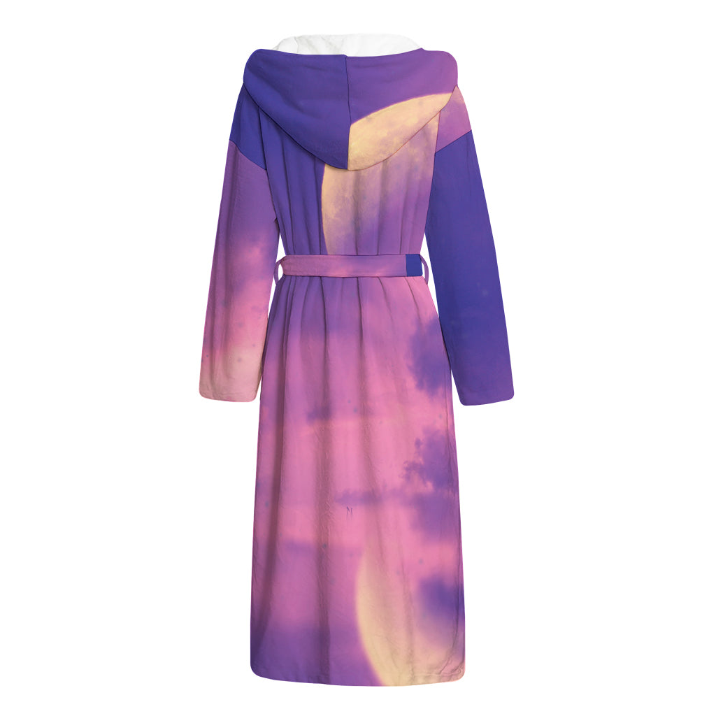 Purple Sky And Full Moon Print Hooded Bathrobe