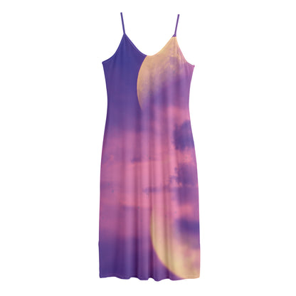 Purple Sky And Full Moon Print Jersey Midi Cami Dress
