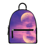 Purple Sky And Full Moon Print Leather Backpack