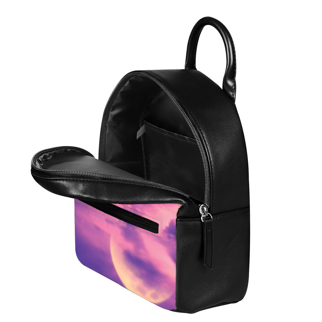 Purple Sky And Full Moon Print Leather Backpack