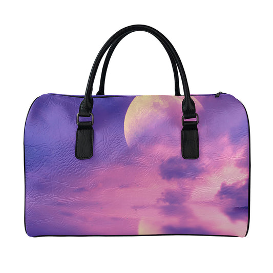 Purple Sky And Full Moon Print Leather Duffle Bag