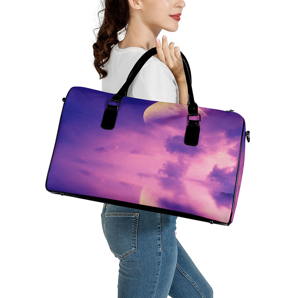 Purple Sky And Full Moon Print Leather Duffle Bag