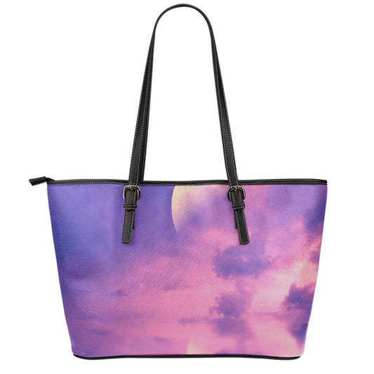 Purple Sky And Full Moon Print Leather Tote Bag