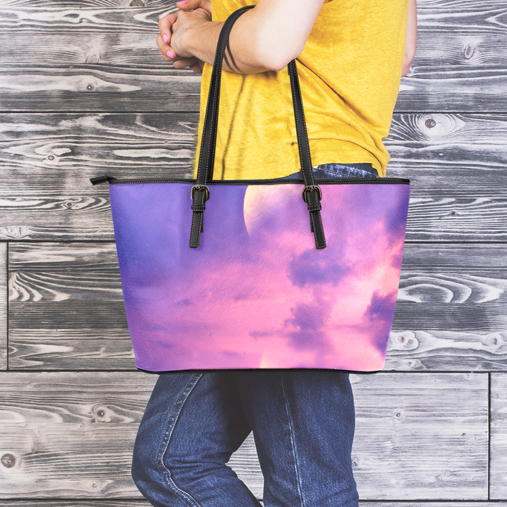Purple Sky And Full Moon Print Leather Tote Bag