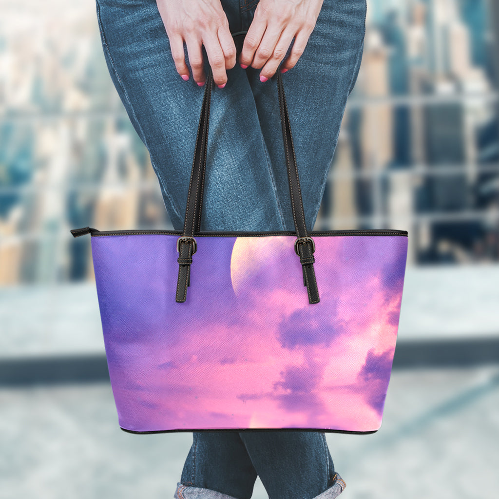 Purple Sky And Full Moon Print Leather Tote Bag