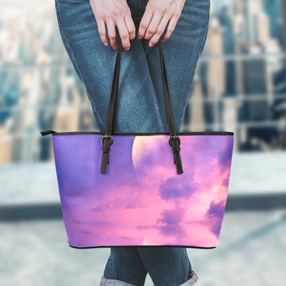 Purple Sky And Full Moon Print Leather Tote Bag
