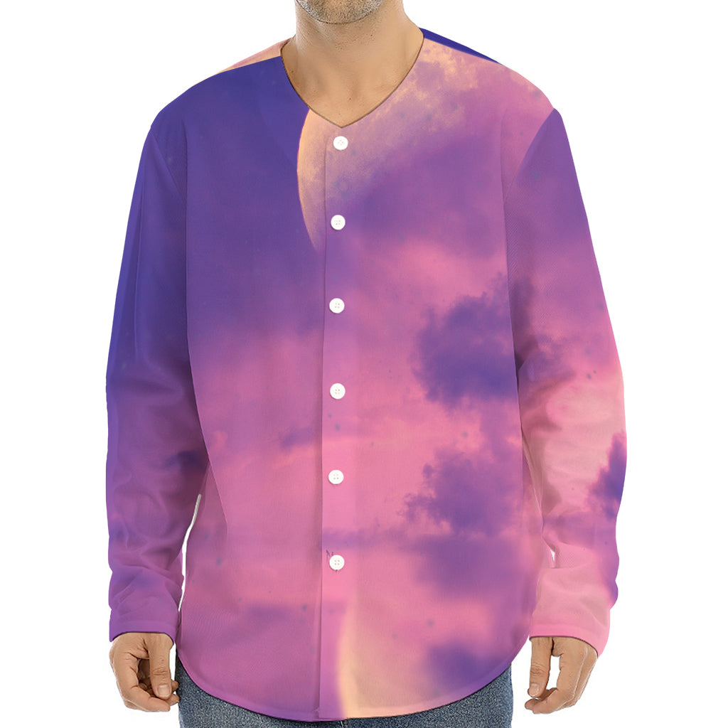 Purple Sky And Full Moon Print Long Sleeve Baseball Jersey