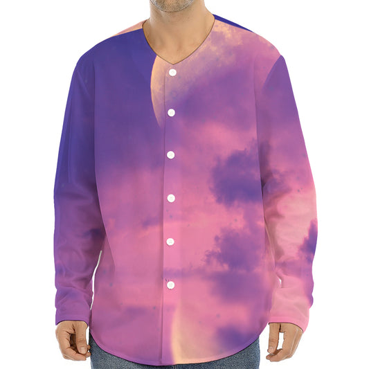 Purple Sky And Full Moon Print Long Sleeve Baseball Jersey