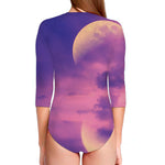 Purple Sky And Full Moon Print Long Sleeve Swimsuit