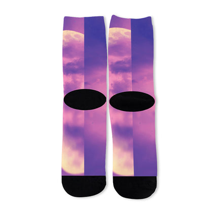 Purple Sky And Full Moon Print Long Socks