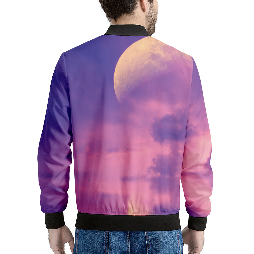 Purple Sky And Full Moon Print Men's Bomber Jacket