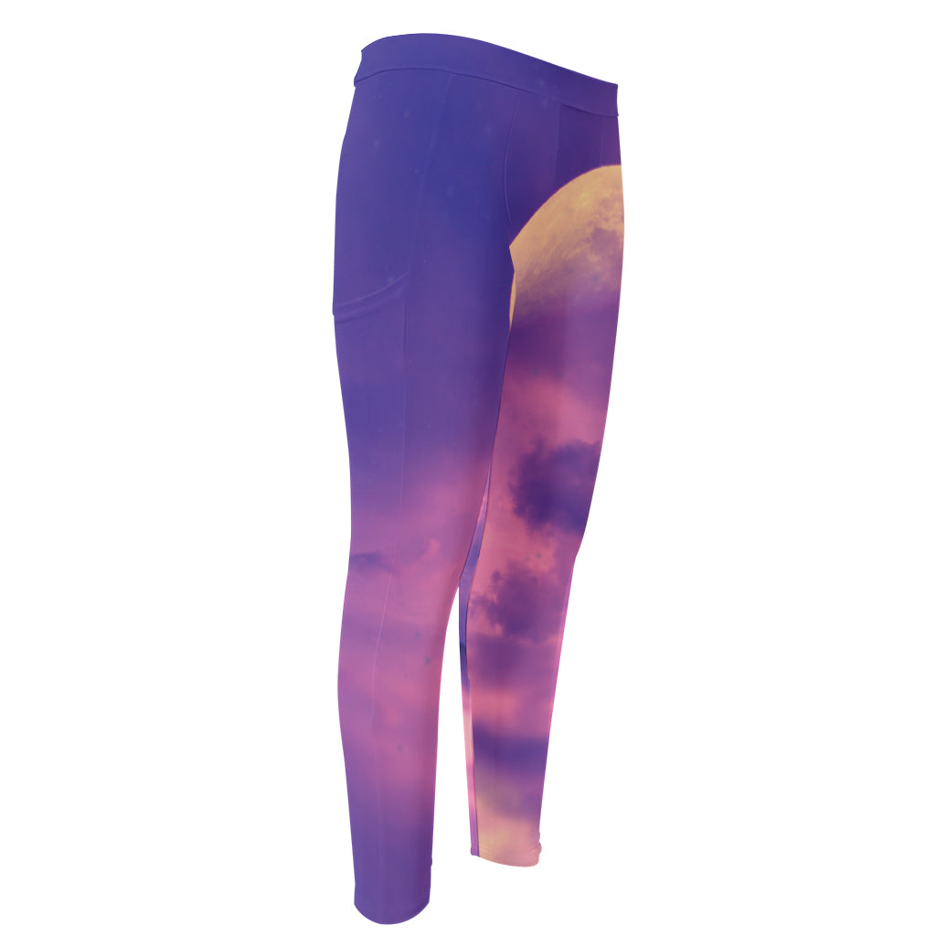 Purple Sky And Full Moon Print Men's Compression Pants