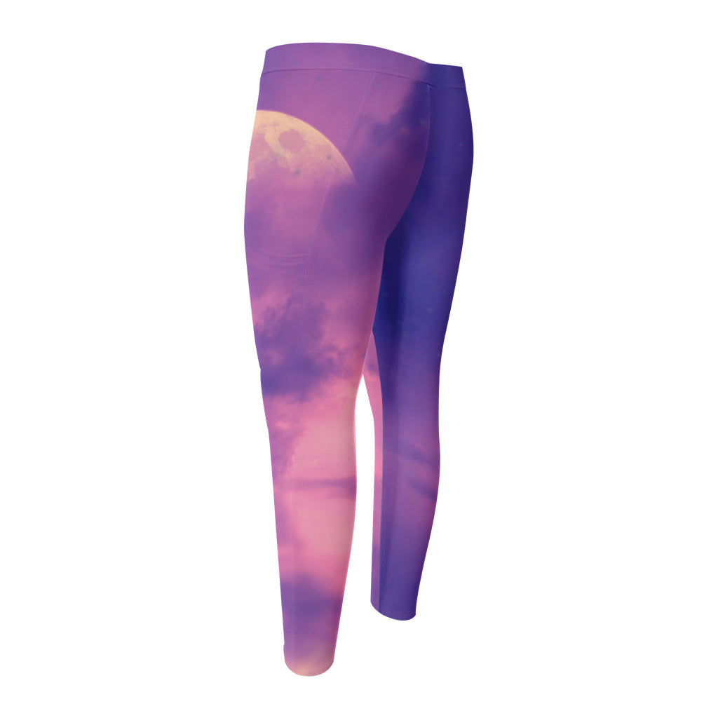 Purple Sky And Full Moon Print Men's Compression Pants