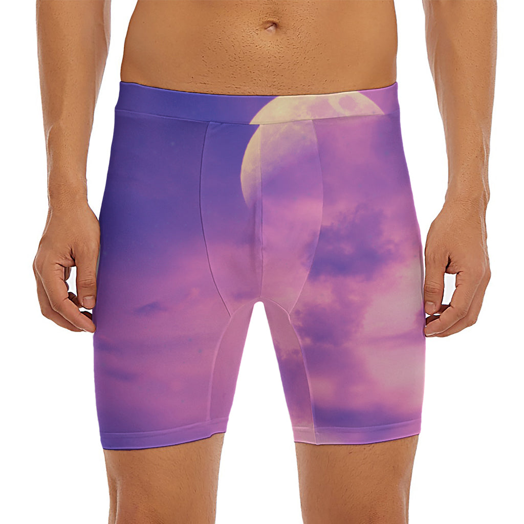 Purple Sky And Full Moon Print Men's Long Boxer Briefs