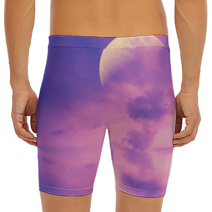 Purple Sky And Full Moon Print Men's Long Boxer Briefs