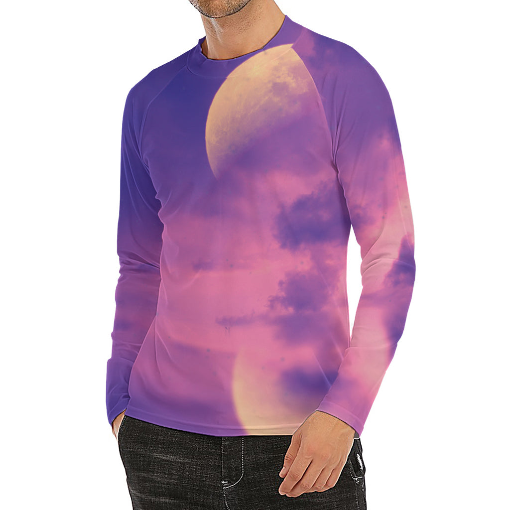 Purple Sky And Full Moon Print Men's Long Sleeve Rash Guard
